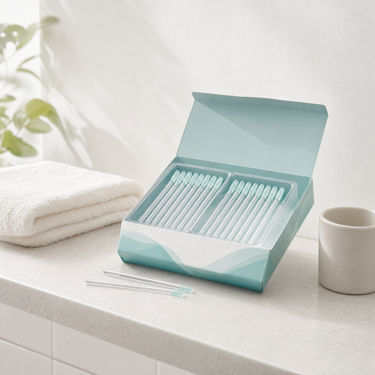 Elariq sticky ear cleaning sticks on a bathroom shelf in morning light