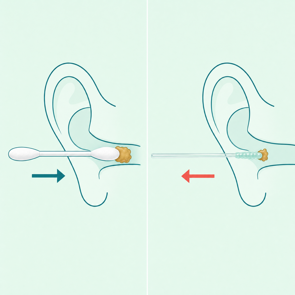 Diagram showing a cotton swab pushing wax inward and an Elariq stick lifting it outward